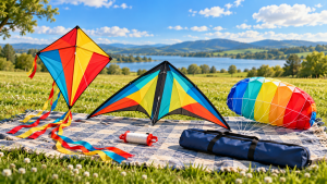 A diamond kite, triangular delta and soft parafoil arranged with a winder and bag on a picnic blanket.