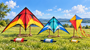 Two differently sized triangular kites and a smaller diamond kite displayed with winders on grass.