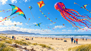 Colorful diamond, delta and octopus kites above a broad sandy Pacific beach in a festival illustration.