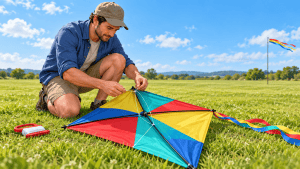 A person kneeling on grass to inspect the bridle of a colorful diamond kite before launch.