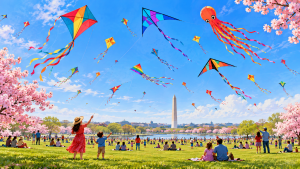Colorful kites above festival visitors and cherry blossoms, with the Washington Monument in the distance.