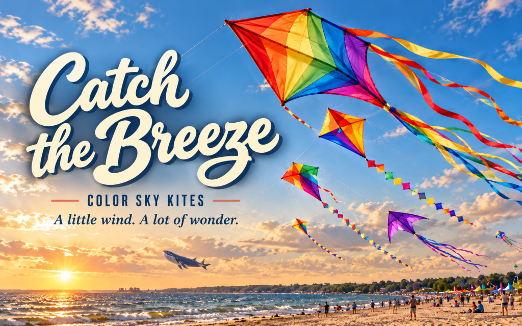 Rainbow diamond kites with colorful tails flying above a beach in the evening sky.
