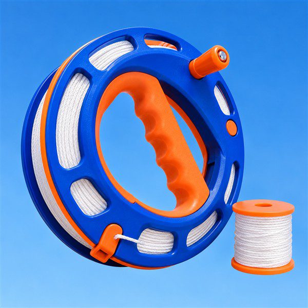 A blue and orange hand-held kite line reel with white line and an extra spool against a blue background.