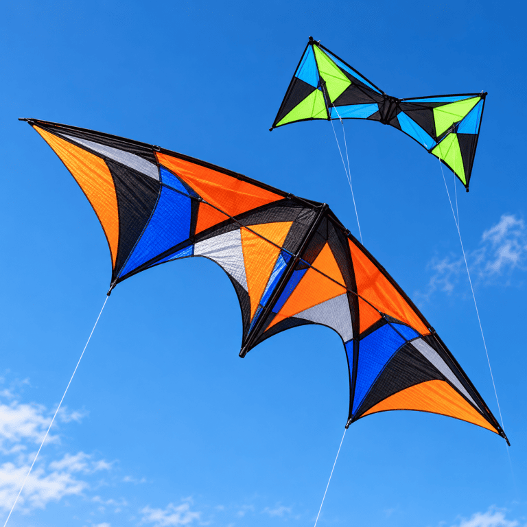 An orange, blue and black dual-line stunt kite flying below a green and blue quad-line kite in a clear sky.