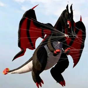 A black and red bat-shaped kite with wide pointed wings.