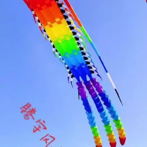 A long rainbow kite train with multiple colorful panels and trailing ribbons.