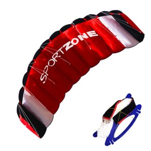 A red and black parafoil kite with Sportzone lettering on its sail.