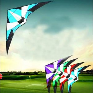 A turquoise, white and black triangular sport kite flying against a cloudy sky.