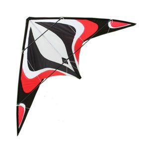 A triangular sport kite with a black and white center and brightly colored wing panels.