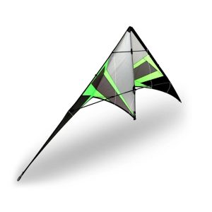 A green, gray and black triangular stunt kite.