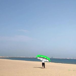 A small kite flying high in a pale blue sky.
