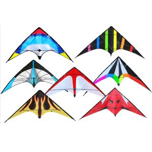 A selection of triangular stunt kites in different colors and patterns.