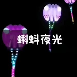 A glowing jellyfish-shaped kite with a rounded head and long trailing tentacles.