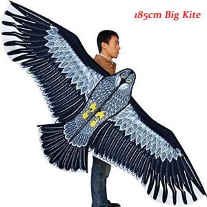A gray and black eagle kite with feather-patterned wings spread wide.