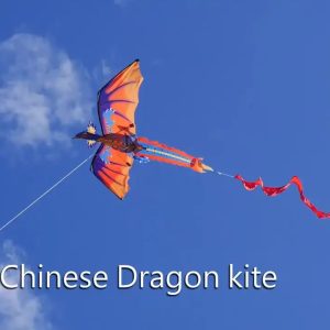 A colorful dragon kite with wide orange and purple wings and a long tail.