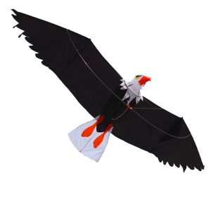 A bald eagle kite with broad black wings, a white head and an orange beak.