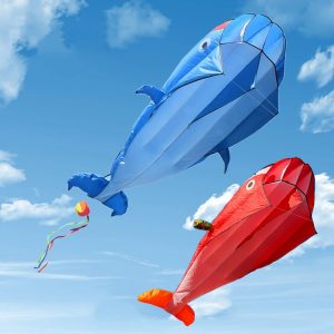 A fish-shaped kite with a rounded body, side fins and a small tail.