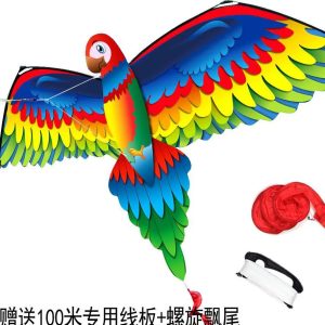 A colorful parrot-shaped kite with outstretched rainbow wings and a long tail.