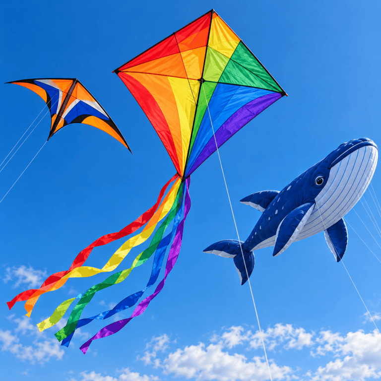 A rainbow diamond kite with ribbon tails, an orange stunt kite and a blue whale kite flying in a bright blue sky.