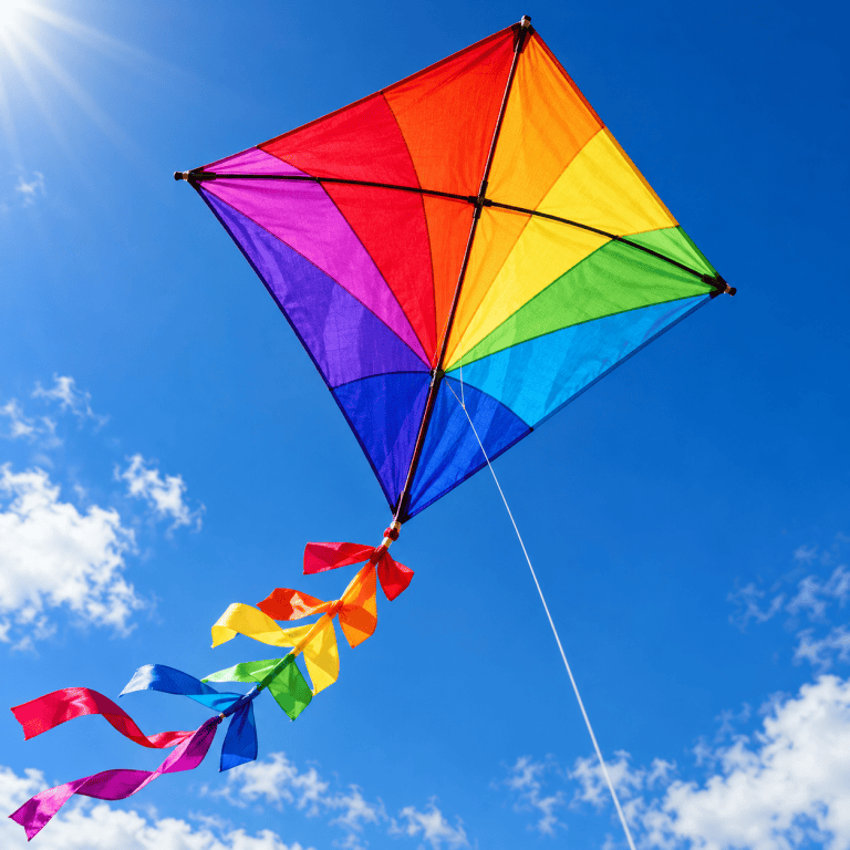 A rainbow diamond kite with colorful bow tails flying on a single line against a sunny blue sky.